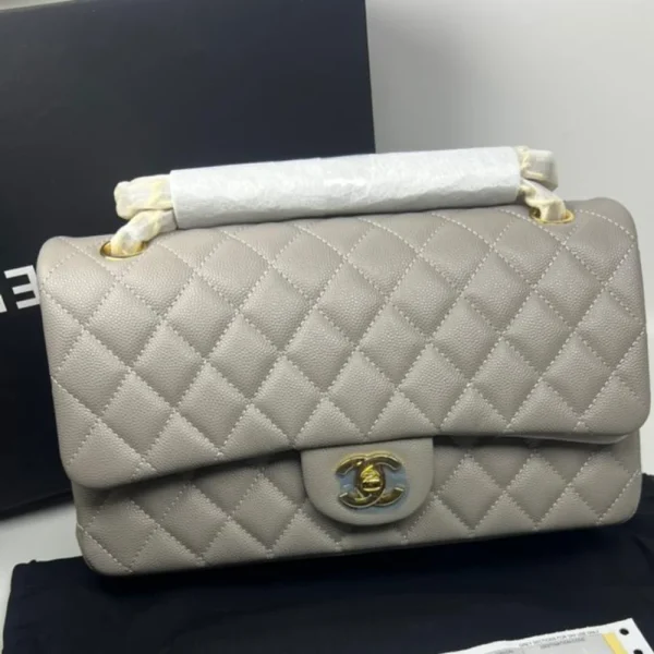 2-758ee63aa0d5.webp Chanel Classic Flap Bag 25 cm Grey- Gold Tone Hardware A01112, Designer Handbags, Women’s Purse, luxury bags, Chanel bags