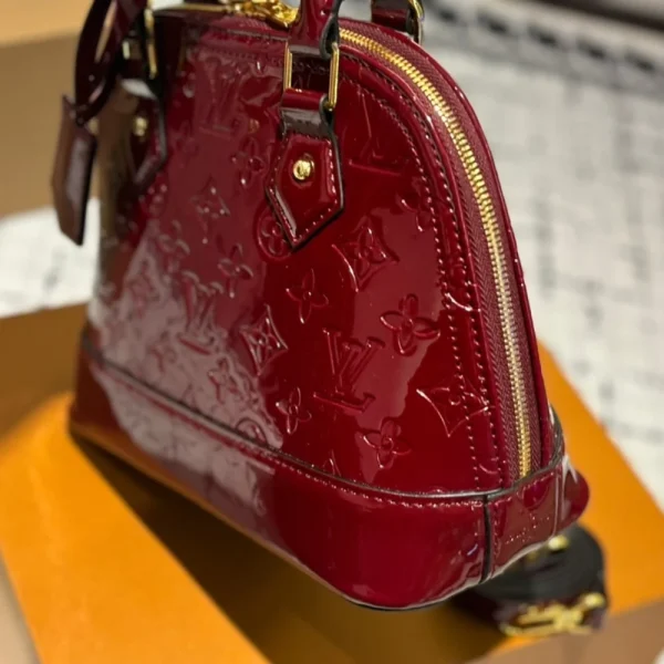 336-2-1bc952bebd9b.webp Louis Vuitton Alma Bb Monogram Vernis Leather Dark Red 23Cm, Designer Handbags, Womens Purse, luxury bags