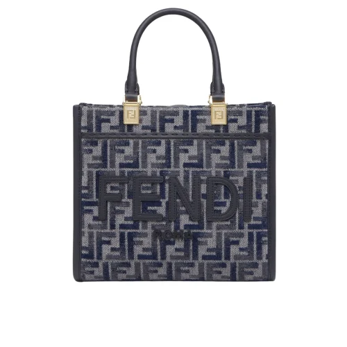 Fendi Sunshine Small Ff Chenille Shopper Dark Blue 26Cm