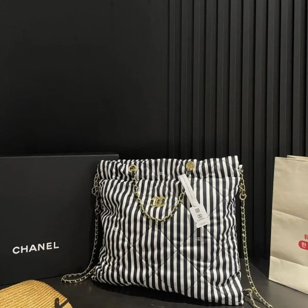 CNCB1-1ac5fa1fe914.webp Chanel Large Backpack Printed Fabric And Gold Metal In Black And White 36Cm, Designer Handbags, Women’s Purse, luxury bags, Chanel bags