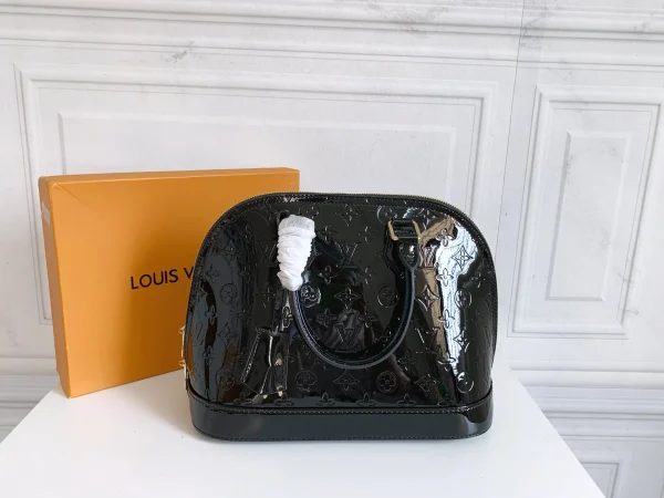 LVAB3-6717fd600eaf.webp Louis Vuitton Alma Bb Monogram Vernis Leather Black 25Cm, Designer Handbags, Womens Purse, luxury bags