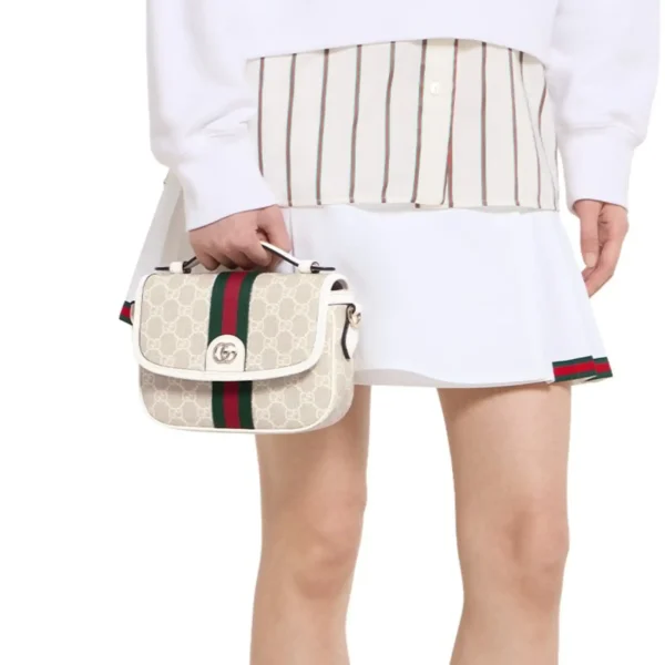 Gucci Ophidia Small Top Handle Bag 20cm/7.9in Beige And White GG Fabric 836843