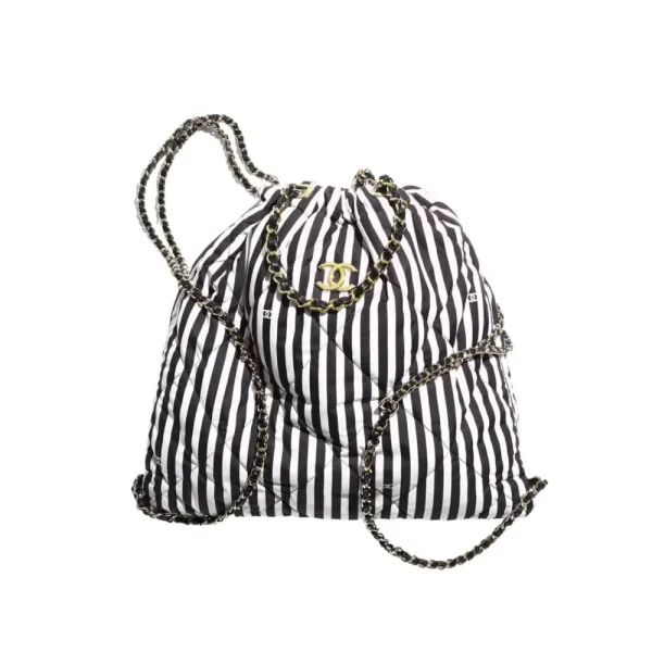 TBNB-4-2-1-388c96f51e59.webp Chanel Large Backpack Printed Fabric And Gold Metal In Black And White 36Cm, Designer Handbags, Women’s Purse, luxury bags, Chanel bags