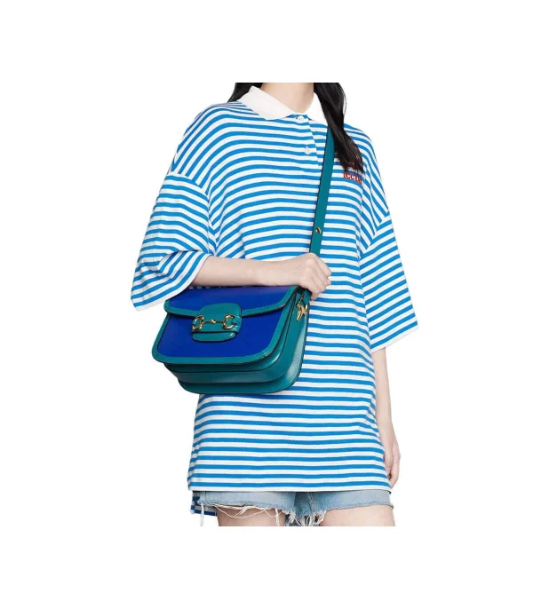 Gucci Horsebit 1955 Small Shoulder Bag Blue and Green Leather
