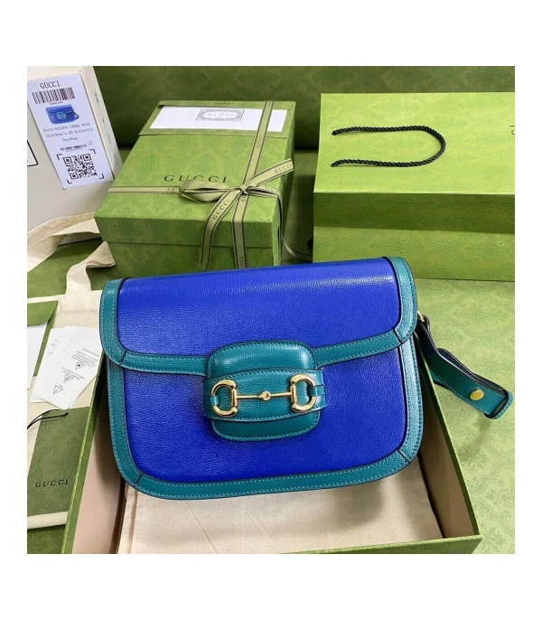 Gucci Horsebit 1955 Small Shoulder Bag Blue and Green Leather