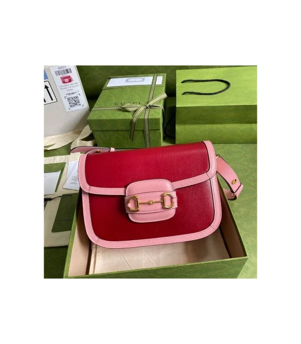 Gucci Horsebit 1955 Small Shoulder Bag Red and Pink Leather