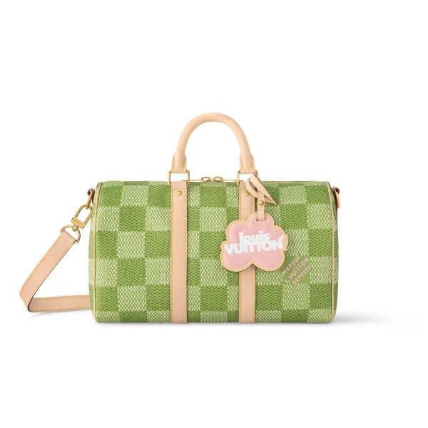 Louis Vuitton Keepall Bandouli Re Damier Canvas Green 35Cm N40671, Designer Handbags, Womens Purse, luxury bags